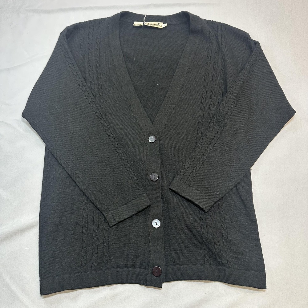 Vintage Rafaella Sweater Cardigan Womens M Black Lambswool Cable Knit Hong Kong